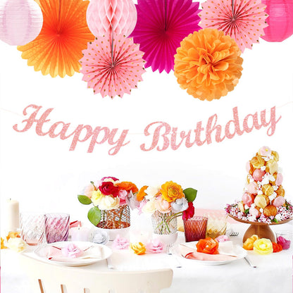 Hot-Pink Orange Fall Birthday Party-Decorations - 21pcs Autumn Women Peach Happy Banner,Girls Groovy Paper Streamers Lanterns Honeycomb,Tissue Flowers Pom Poms Fan, Boho Garland Room Decor