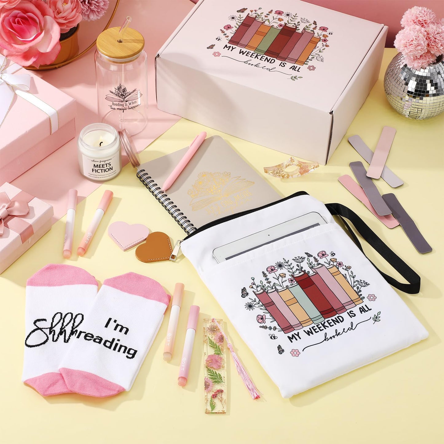 Widecook 21 Pcs Book Lovers Gifts for Women Book Club Gift Accessories Sleeve Glass Cup Mug Notebook Pens Candle Socks Bookmarks for Birthday Readers Bookish Bookworms Librarian