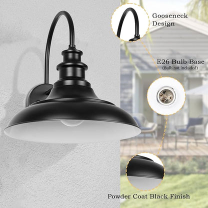 Dusk to Dawn Sensor Outdoor Barn Light Fixture, 12.3 Inch Dome Farmhouse Outdoor Wall Sconce, Gooseneck Exterior Wall Mount Light, Industrial Black White Finish Wall Lantern for Porch, DDRZ004 BK+WH