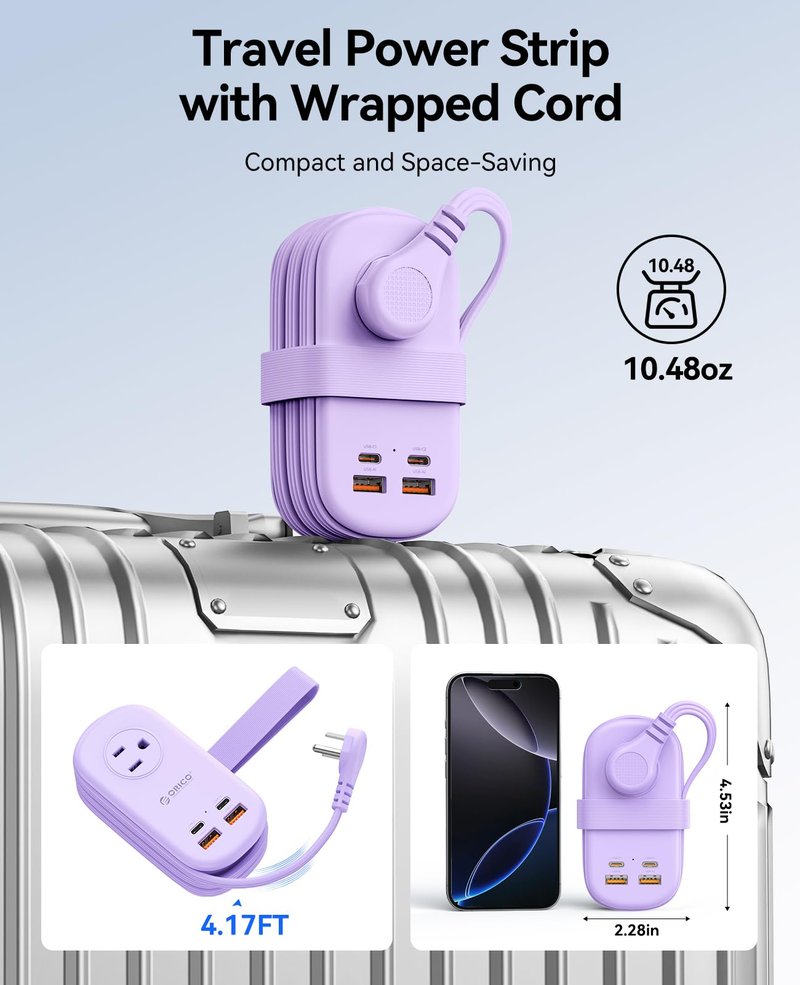 ORICO 65W GaN Travel Power Strip with 7-in-1 Charging Ports (3 AC Outlets/2 USB-A/2 USB-C), Flat Plug and 4FT Extension Cord, Fast Charger for MacBook Pro/Air, iPad Pro, iPhone 17/16/15- AP3
