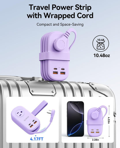 ORICO 65W GaN Travel Power Strip with 7-in-1 Charging Ports (3 AC Outlets/2 USB-A/2 USB-C), Flat Plug and 4FT Extension Cord, Fast Charger for MacBook Pro/Air, iPad Pro, iPhone 17/16/15- AP3