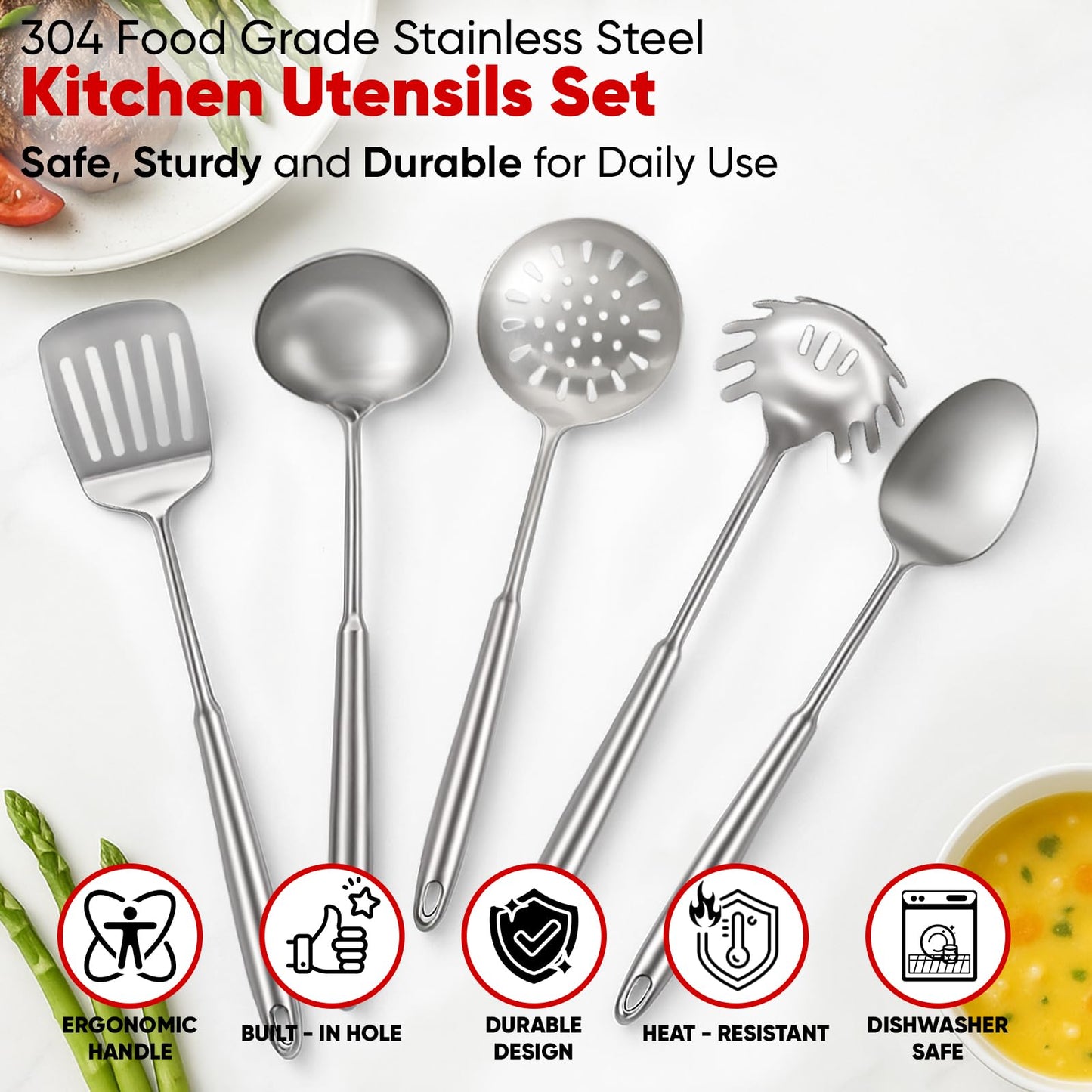 5 Pcs Newness Cooking Utensils Set, 304 Stainless Steel Kitchen Utensils Set, Metal Kitchen Accessories, Include Soup Ladle, Slotted Skimmer Spoon, Spaghetti Spoon and Spatula, Dishwasher Safe
