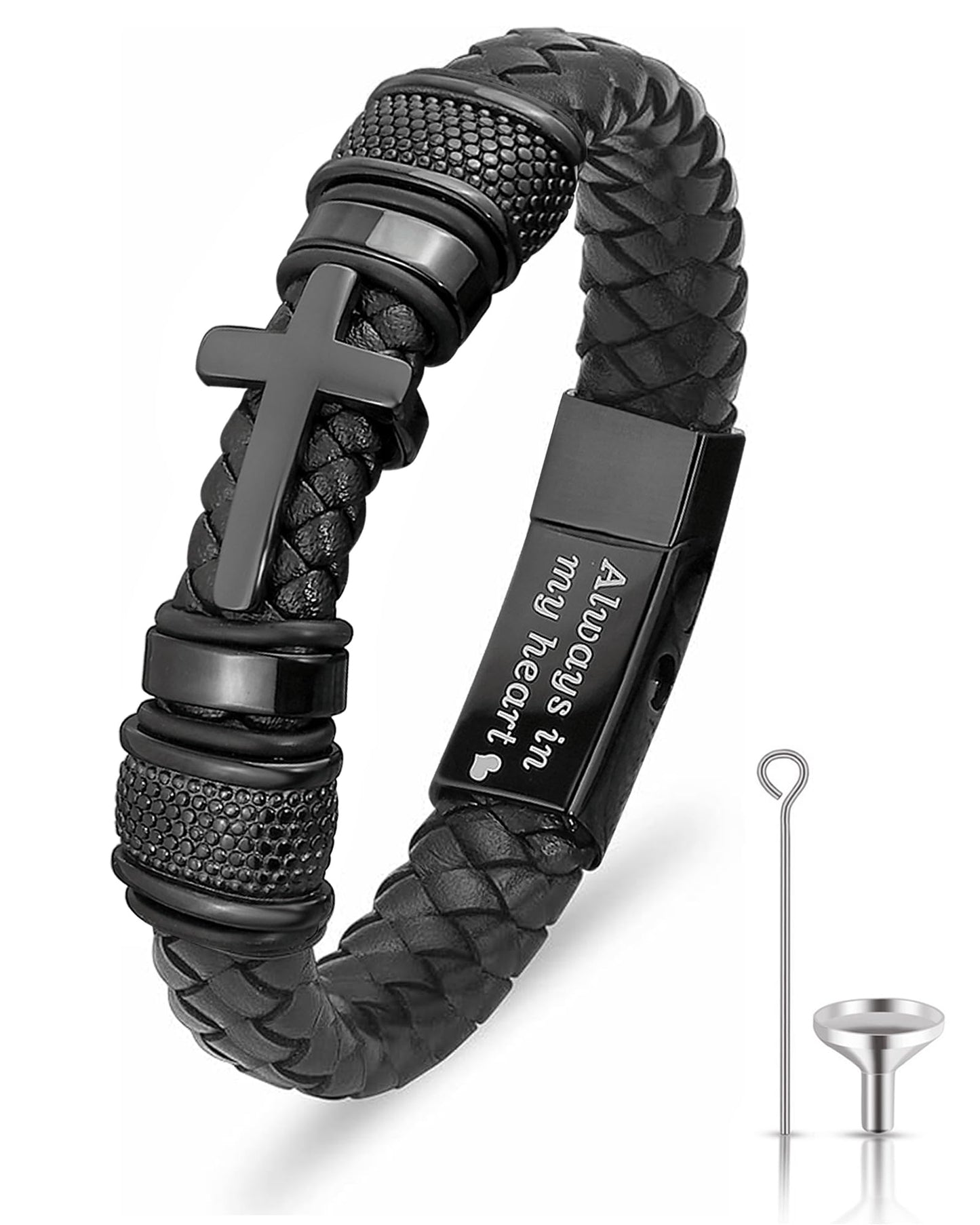 YOUFENG Urn Bracelet for Human Ashes Leather Cremation Cross Bracelet Stainless Steel Keepsake Cuff Bangle Jewelry for Men