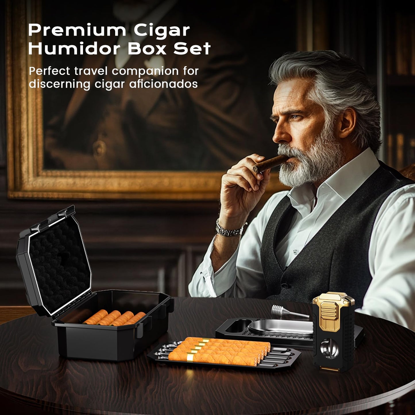 Travel Cigar Humidor Box set with Cigar Ashtray, Cigar Torch Lighter, Built-in V Cutter & Punch & Holder & Draw Enhancer Tool, Humidifier & Hygrometer, Portable Travel Cigar Case, Cigar Gifts for Men