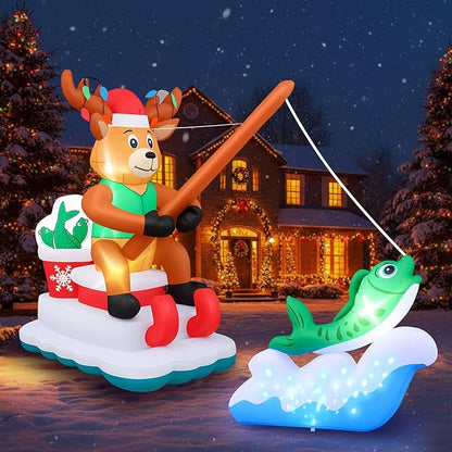 14 ft Long Christmas Inflatable Fishing Santa Claus, Santa Claus Inflatable Courtyard Outdoor Decoration with Built-in Rotating Blue LED Lights for Christmas Party Garden Lawn Decoration