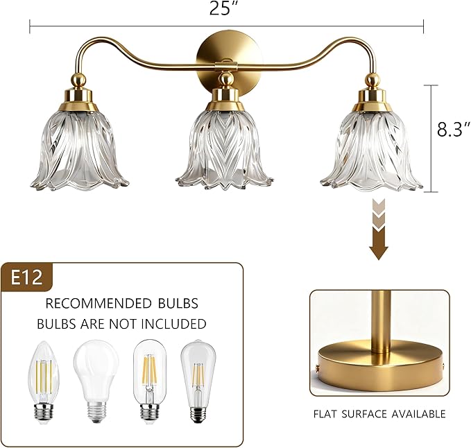 3-Lights Bathroom Vanity Light Gold Vintage Light Fixtures Floral Flower Matte Antique Brass Crystal Glass Shade, Wall Sconces Lighting for Living Room, Bedroom, Hallway（E12 Base）