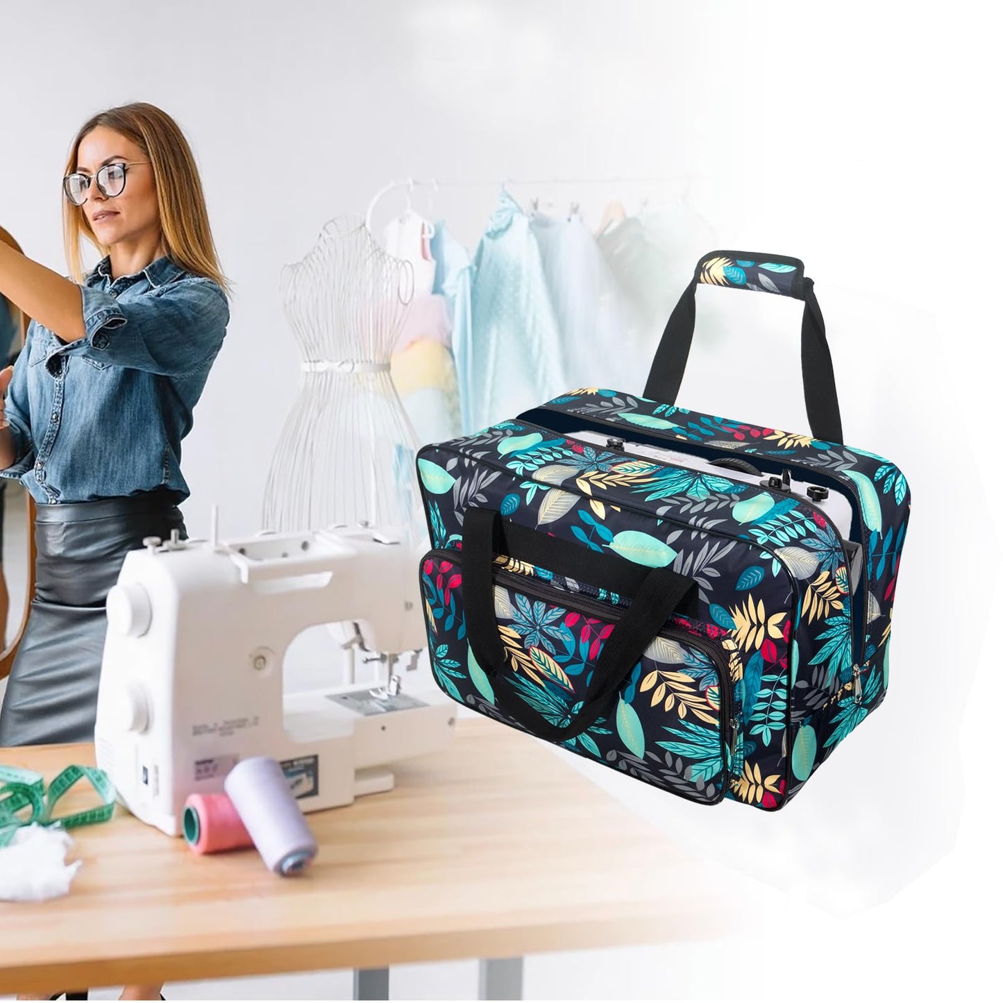 Haroranax Sewing Machine Carrying Case，Sewing Machine Carrying Case Tote Bag，Universal Tote Storage Bag with Pockets and Handles, Suitable for Most Standard Singer, Janome (Blue)