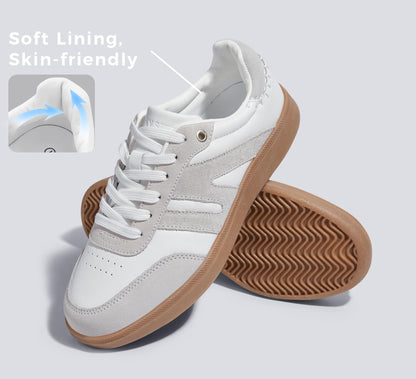 LUCKY STEP Women Classic Retro Gum Sole Fashion Sneakers Casual Tennis Skate Shoe Genuine Leather Walking Footwear Anti Slip Trainers(White/Grey,8.5)