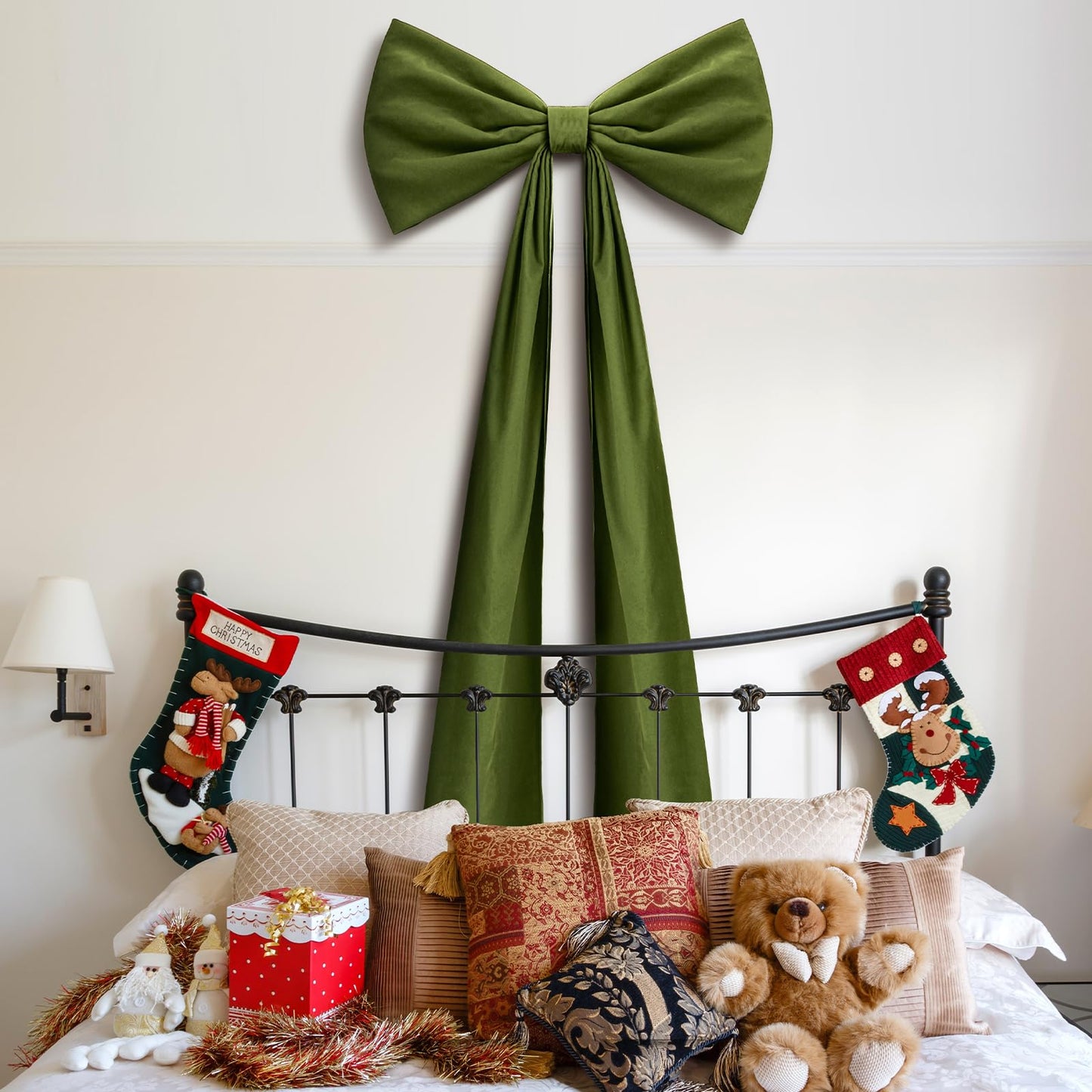 Knitgrip 20 x 71 Inches 1 Pack Christmas Extra Large Velvet Bows Christmas Tree Topper Bow Decor Giant Xmas Front Door Bows with Long Streamers for Home Wreath Wall Backdrop Party (Moss Green)