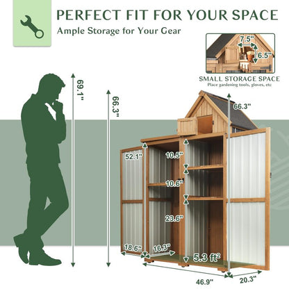 Outdoor Storage Cabinet Weatherproof with 3 Adjustable Shelves, 66'' H Wood & Metal Storage Shed with Lockable Doors & Waterproof Roof, Outside Garden Tool Sheds, Brown