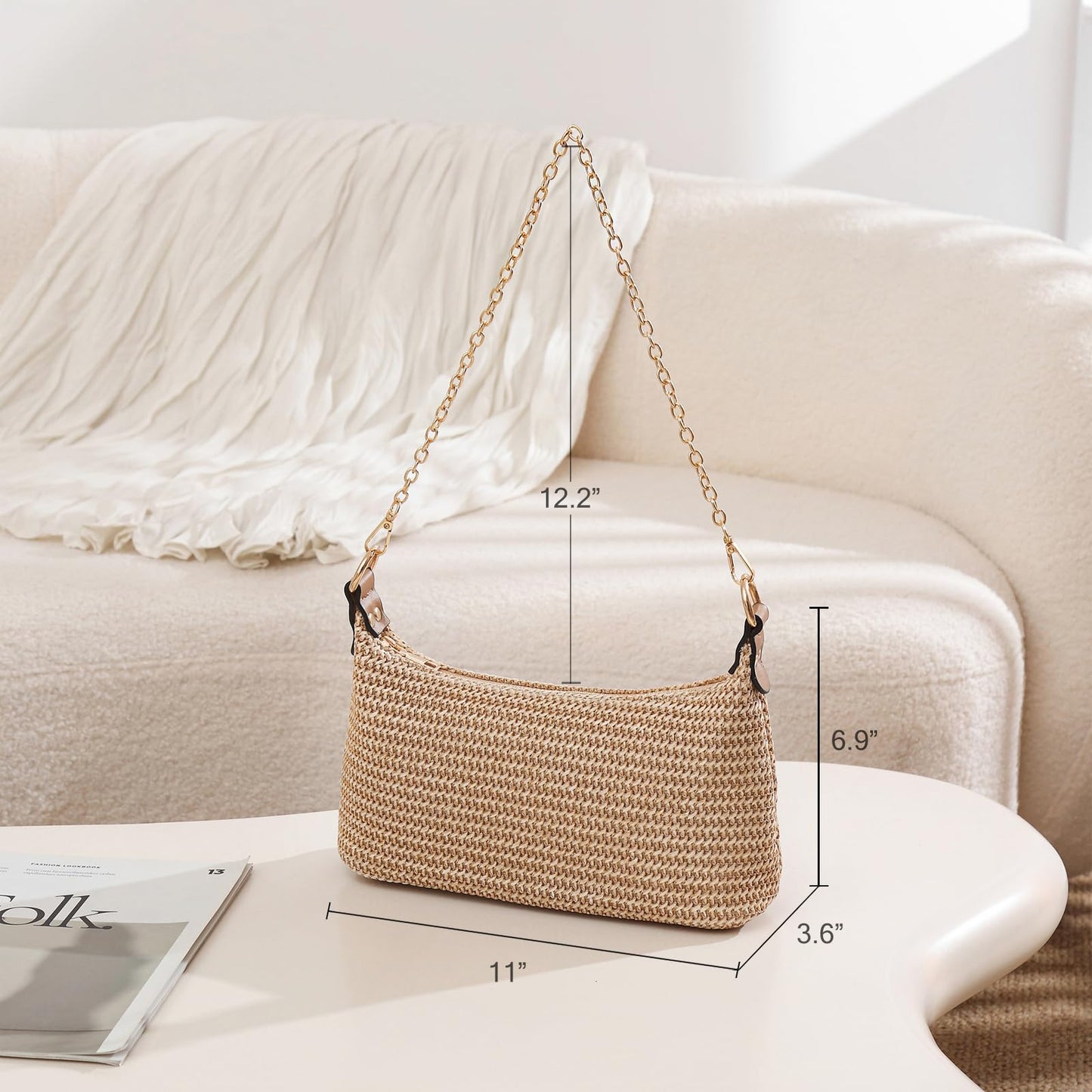CROJUYI Straw Shoulder Bag for Women Soft Small Woven Shoulder Purse Handbag,Beach Tote Straw Bag for Summer