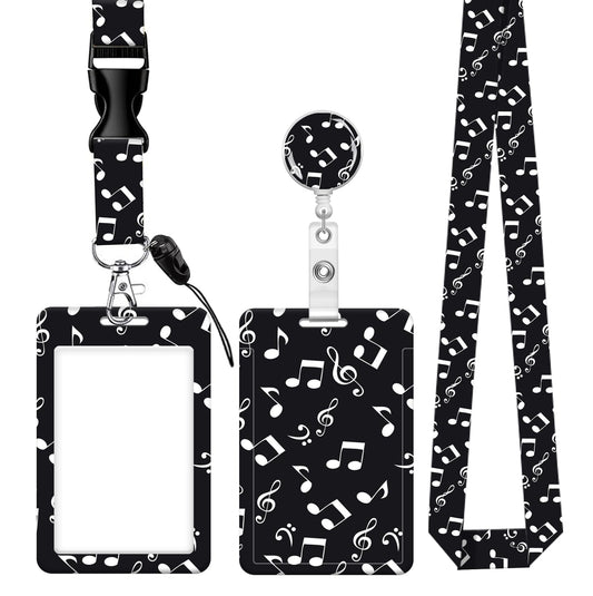 Badge Reels Retractable with Carabiner Reel Clip, ID Name Tag Work Badge Holder Belt Ferrule, Identity ID Badge Holder Cover Case for Office Work Nurse Teacher Student Gifts(Black White Music Note)