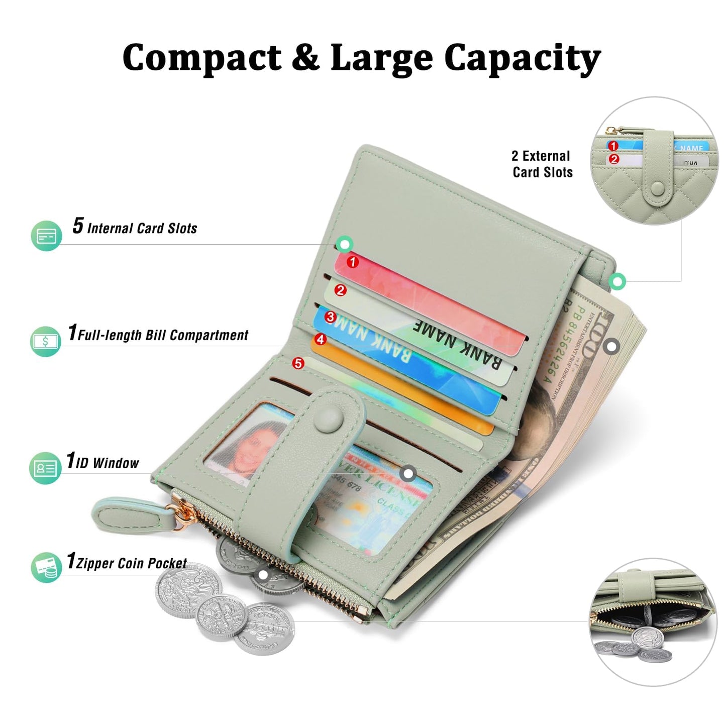 GAEKEAO Small Wallet for Women Slim Bifold Leather RFID Blocking Credit Card Holder Wallets Zipper Pocket Coin Purse with ID Window