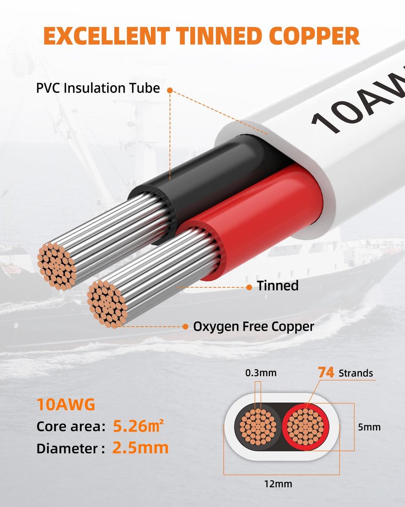 CONEPY 10 Gauge Marine Wire, 10/2 Duplex Marine Grade Cable, IP68 Waterproof/Oxygen-Free Tinned Copper Stranded PVC 10 AWG Wire for Boat, Automotive, RV, Solar, LED Strips (50FT)