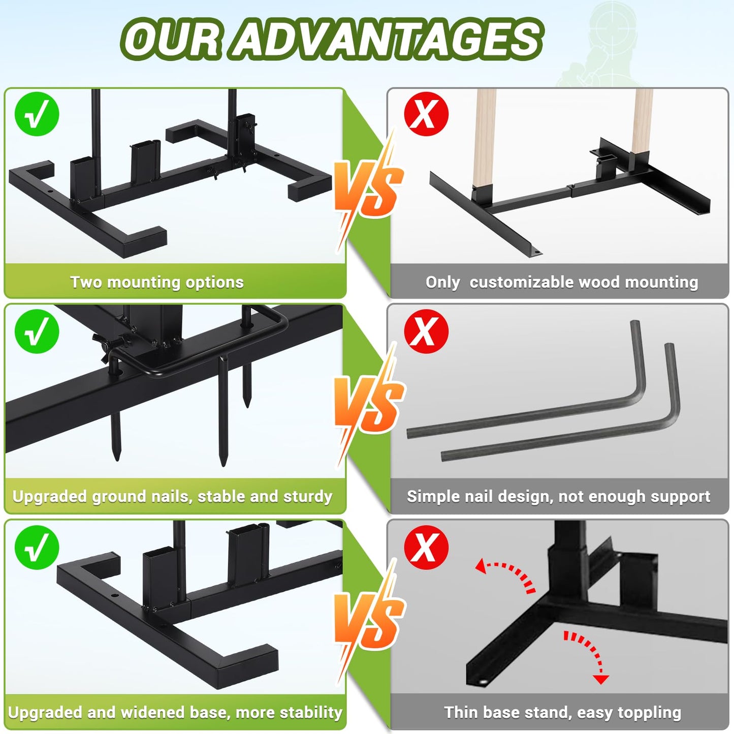 Shooting Target Stand Set, Adjustable Shooting Target Stand with 10pcs Paper Targets, Two Mounting Options for Outdoors, Stable Paper Holder with Metal Poles and Ground Nails (Black)