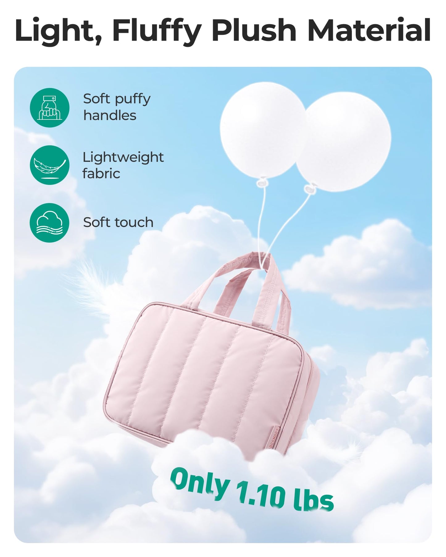 BAGSMART Travel Toiletry Bag for women, Portable Hanging Hook Makeup Bag Organizer, Waterproof Makeup Cosmetic Bag, for Full-Size Accessories, Toiletries, Pink