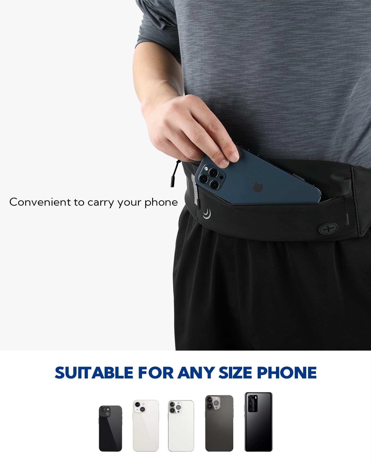 WATERFLY Running Belt Fanny Pack: Runner Marathon Jogging Waist Pack Sport Workout Exercise Fitness Phone Holder Belt for Men Women Jogger Slim Waist Bag Black