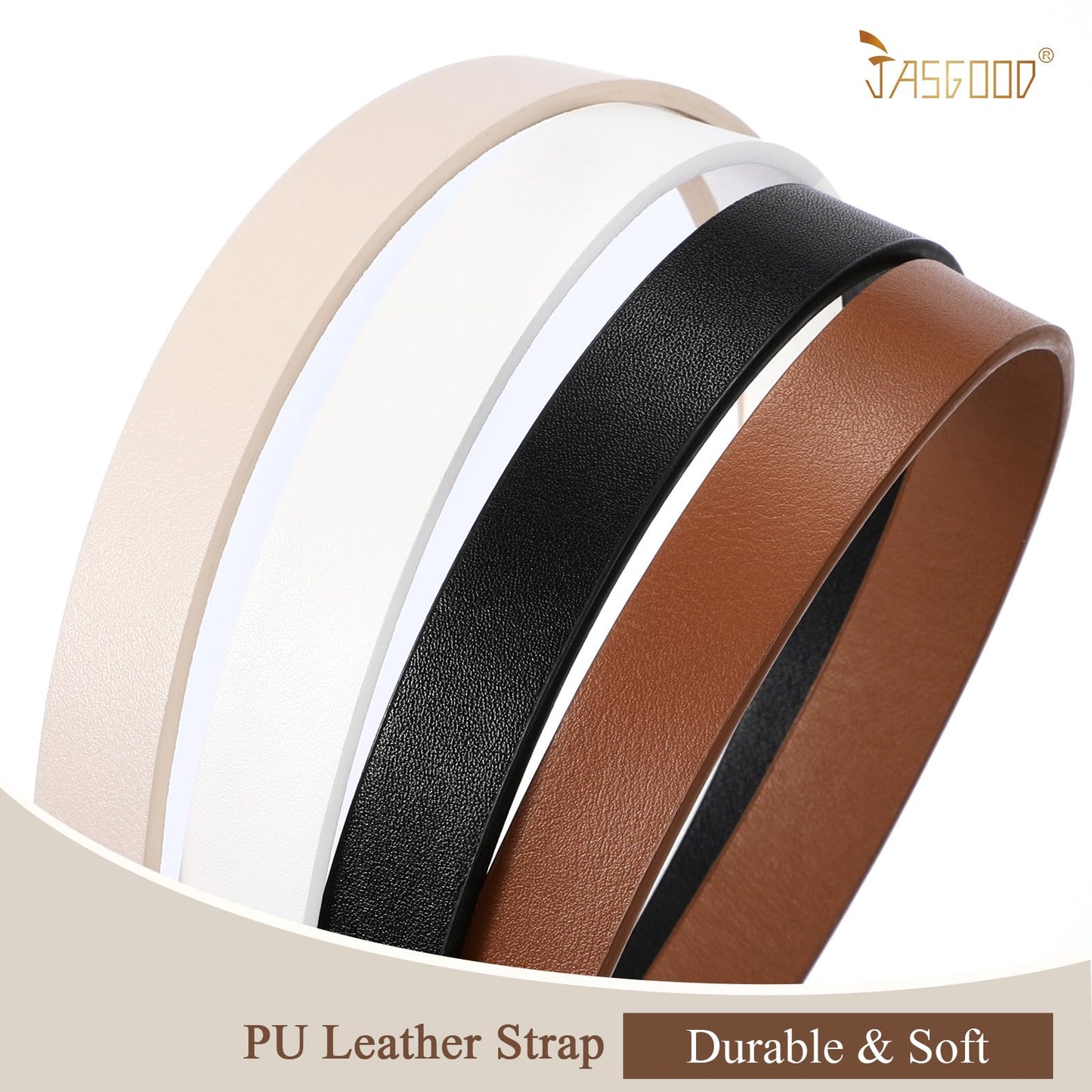 JASGOOD 4 Pack Women Skinny Leather Belt for Dresses with Gold Buckle Ladies Thin Waist Belt for Jeans Pants，Beige+White+Black+Blue