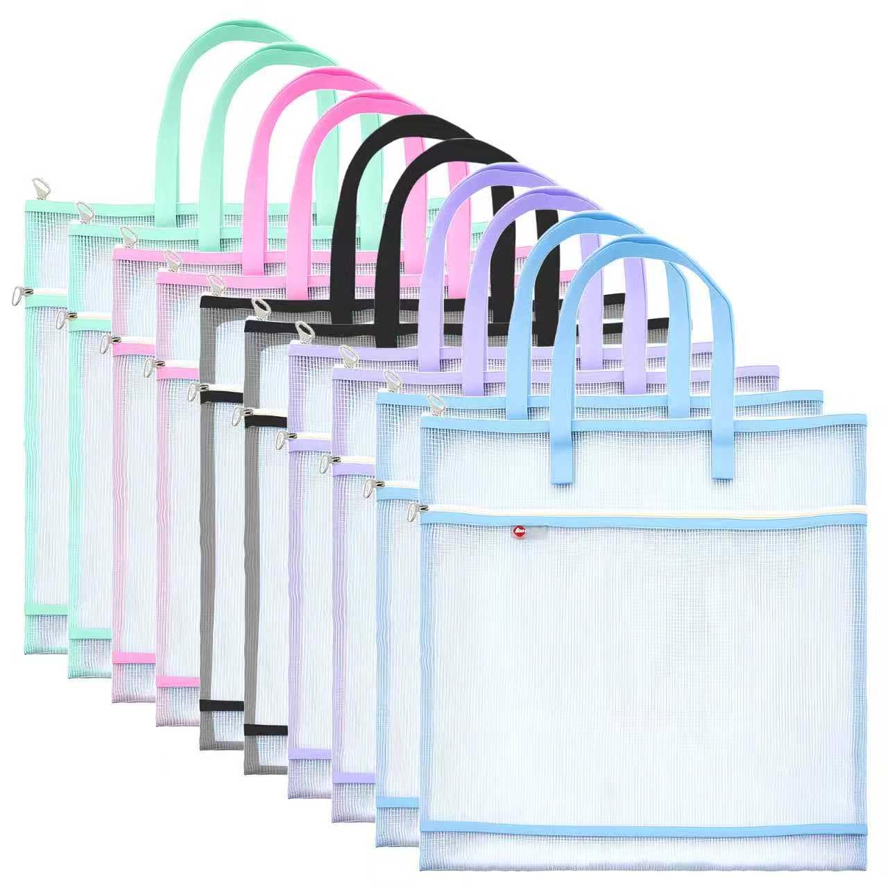 kuchisity 10 Pcs Sew Project Bags 16.5 x 16.5 Inch Back to School Quilting Craft Organizer Storage Bags with Handle and Pocket Jumbo See-Through Mesh Zipper Bags for Quilting, Knitting, Stitching
