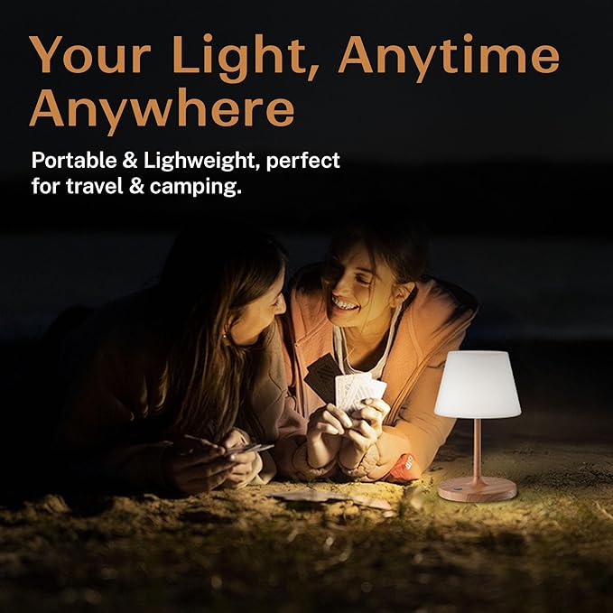 Battery Operated Table Lamp & Power Bank - 5000mAh Rechargeable Battery Powered, Touch Dimmable, 3 Color Temperatures, IP44 Waterproof Lamp Light for Home, Patio Outdoor Use - 9.6 In Modern Wood Grain