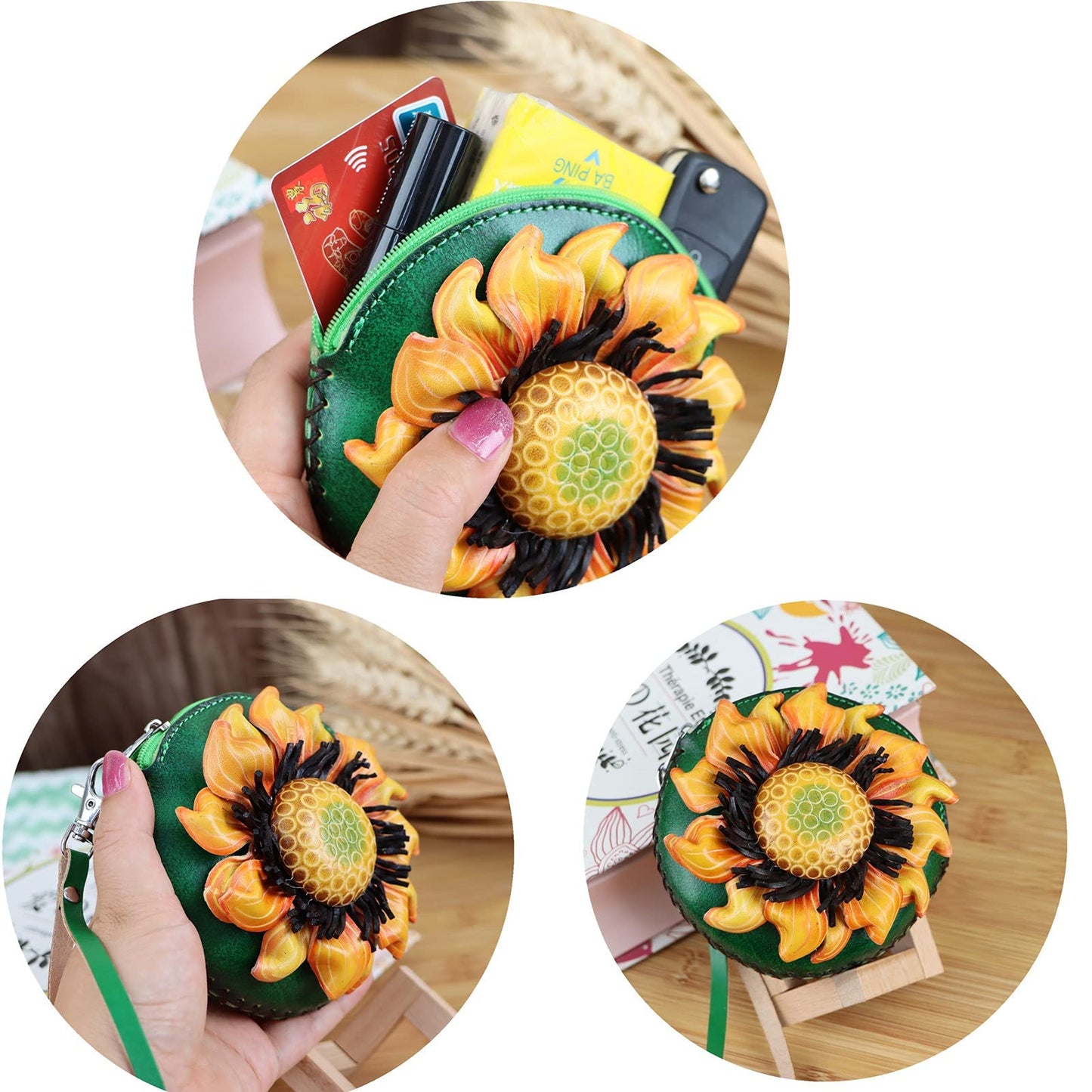 Fanyixuan Handmade Vegetable Tanned Cowhide Sunflower Coin Purse Key Coin Card Lipstick Headphone Storage Clutch Mini Flower Round Bag
