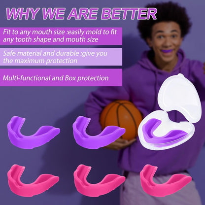 BBTO 6 Pack Kids Youth Mouth Guard for Football Sports, Purple Pink Boys Girls Sports Mouthguard with Case, Soft Mouth Guard for Hockey Boxing MMA Basketball, Ages 4+
