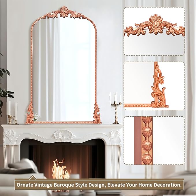 Growsun Arched Mirror, 24’’x42’’ Antique Baroque Traditional Ornate Wall Mirror Decor with Full Metal Frame for Fireplace/Entryway/Living Room/Bathroom