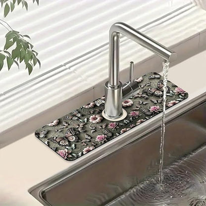 Cute Butterfly Sink Splash Guard Pink Flower Faucet Absorbing Mat Fast Drying