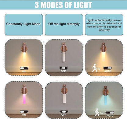 LANDGOO Modern Wood Wall Sconce with Motion Sensor & RGB LED Lights, Wireless Battery Operated Indoor Lighting for Living Room/Kitchen Décor