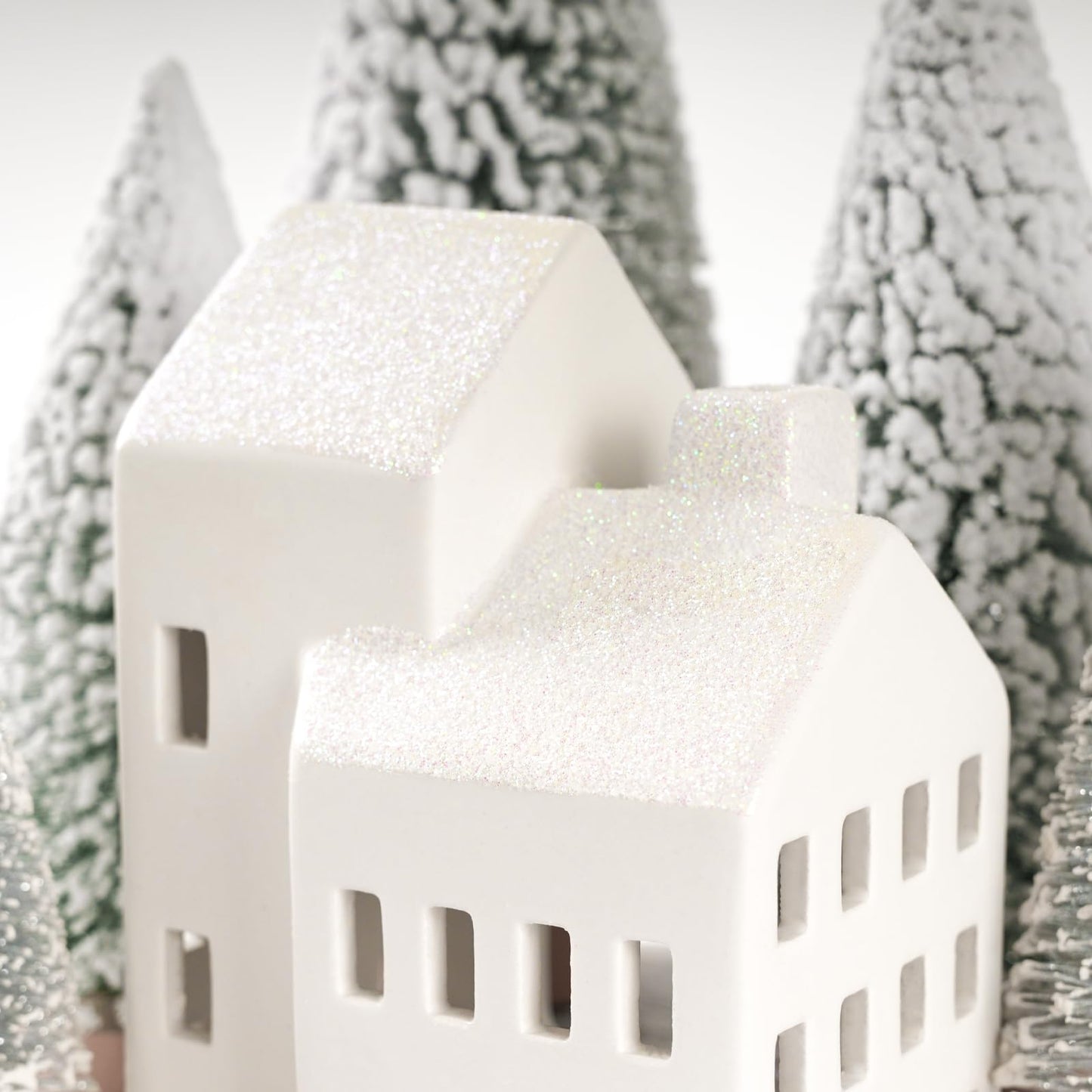 Zesua Christmas Decorations Indoor - Christmas Village Sets of 5 Ceramic Houses with LED Lights Remote and 9 Trees - Winter Rustic Farmhouse Home Holiday Xmas Decor for Mantel Tabletop Room