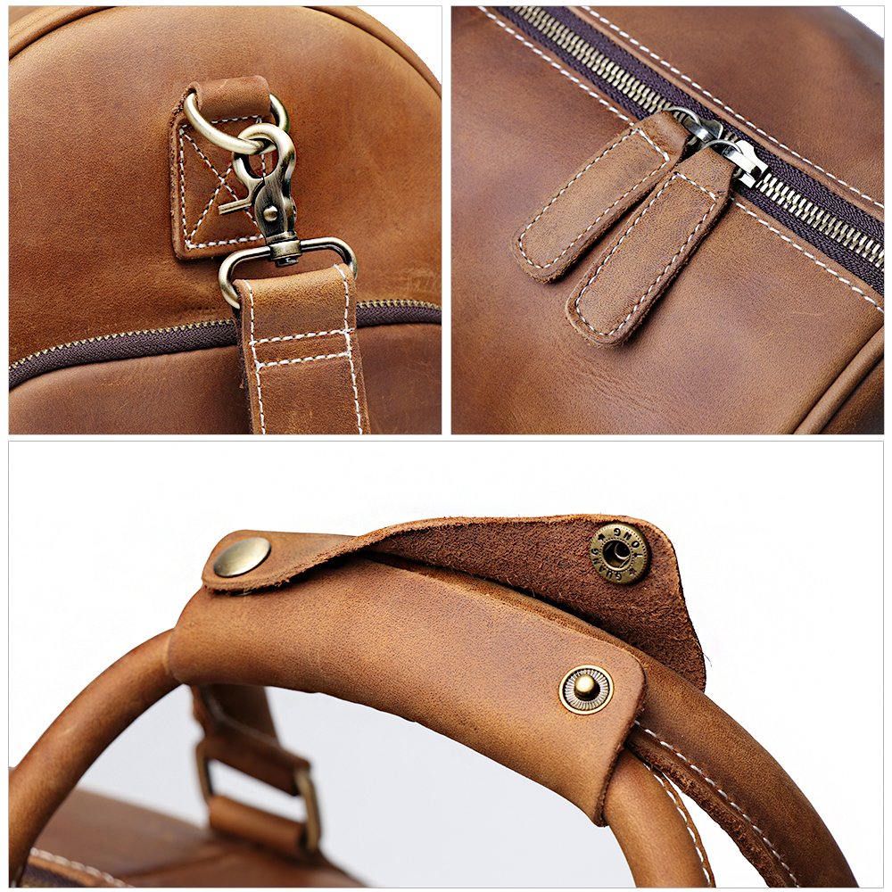 Leathfocus Leather Travel Luggage Bag with Ykk Zipper, Mens Duffle Retro Carry on Handbag (Brown)