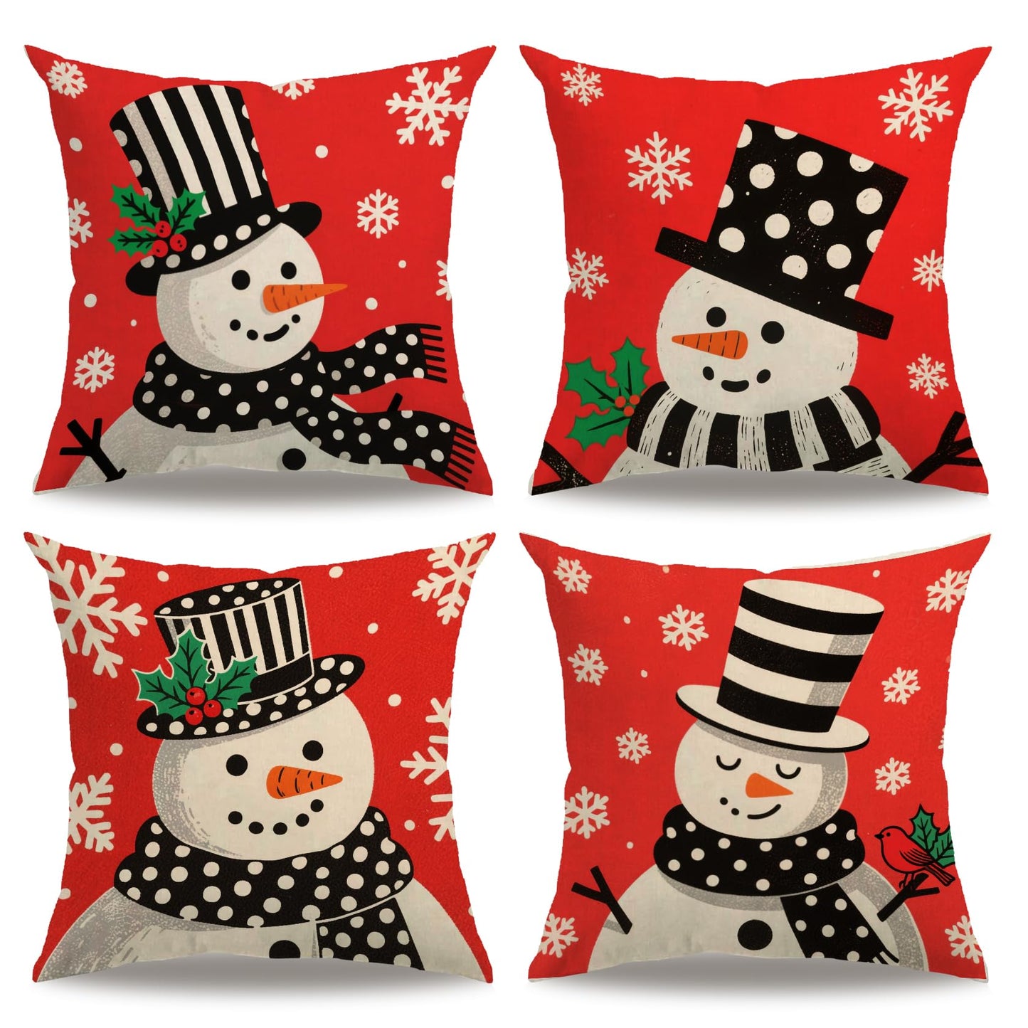 7COLORROOM Set of 4 Christmas Red Pillow Cover Lovely Snowman Festival Throw Cushion Cover Home Decorative Winter Cotton Linen Pillowcases 18" x 18"(Snowman)