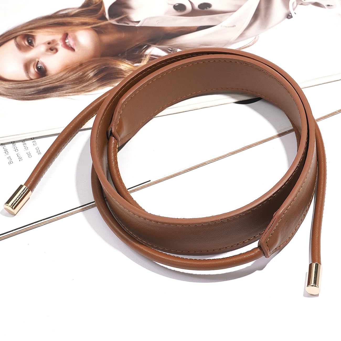 Buywis Women PU Leather Tie Waist Belts Knotted Thin Skinny Rope Waistband Brown Fit Waist 27"-37"