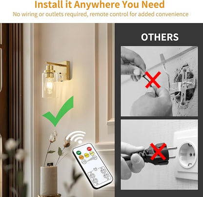 Battery Operated Wall Sconce Set of 2 with Remote 3-Color Rechargeable Wall Lights with 10000mA, Dimmable Wall Sconces Set of Two Battery Operated for Bedroom Living Room Hallway Decor (Gold)