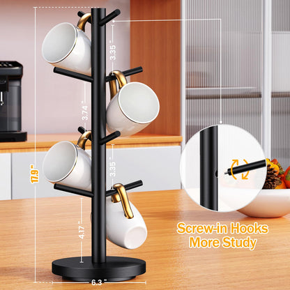 Coffee Mug Holder Tree, Upgraded 360° Rotated Coffee Cup Holder for Counter, Wood Coffee Mug Tree, Coffee Mug Rack with 8 Hooks, Coffee Mug Organizer Station, Mug Stand Coffee Bar Accessories, Black