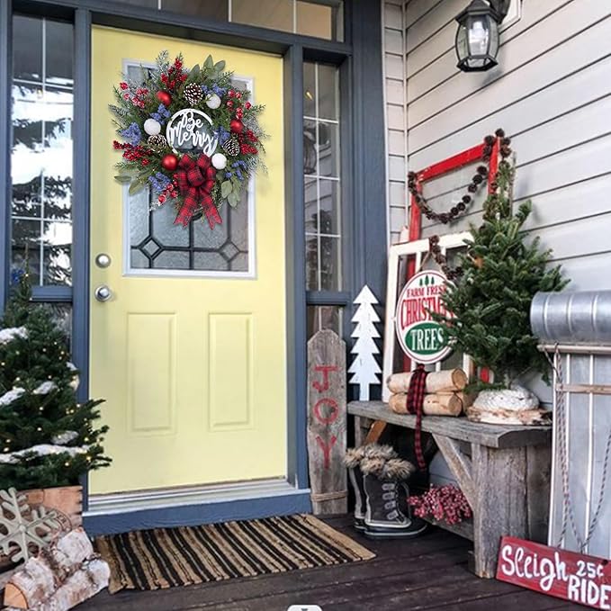 Prelit Christmas Wreath for Front Door Outside,22 inch Be Merry Wreath with red Black tarten Plaid Bow,Lighted Farmhouse Christmas decoration-30 LED Light/Timer,Winter Door Wreath, Porch Decor