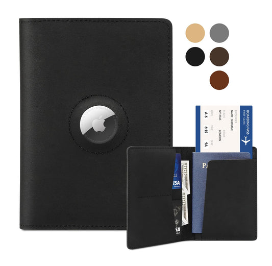 Airtag Passport Holder for Men and Women Travel, Real Leather Passport Wallet, Handmade Passport Cover Case with Airtag Slot, Travel Must Haves Essentials Accessories Birthday Gifts(Crazy Horse,Black)