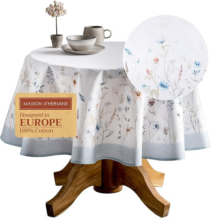 Maison d' Hermine Table Cloth Round Table 100% Cotton 63 Inches Fall Tablecloth Reusable Everyday Use for Thanksgiving Christmas Decorations Dining Farmhouse Party (Ice Florals)