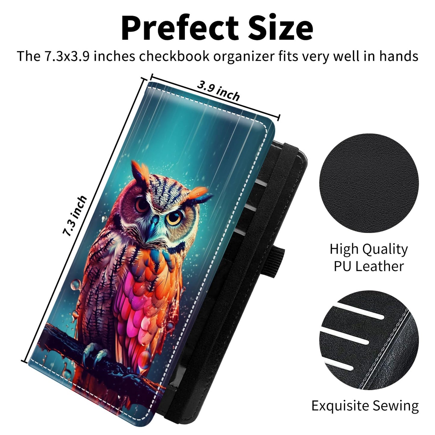 WZCJDHMJ Leather Checkbook Covers for Personal Checkbook Check book Holder Cover Wallets for Women Men,RFID-Blocking Slim Checkbook Cover for Duplicate Checks with Elastic Strap,Colorful Owl