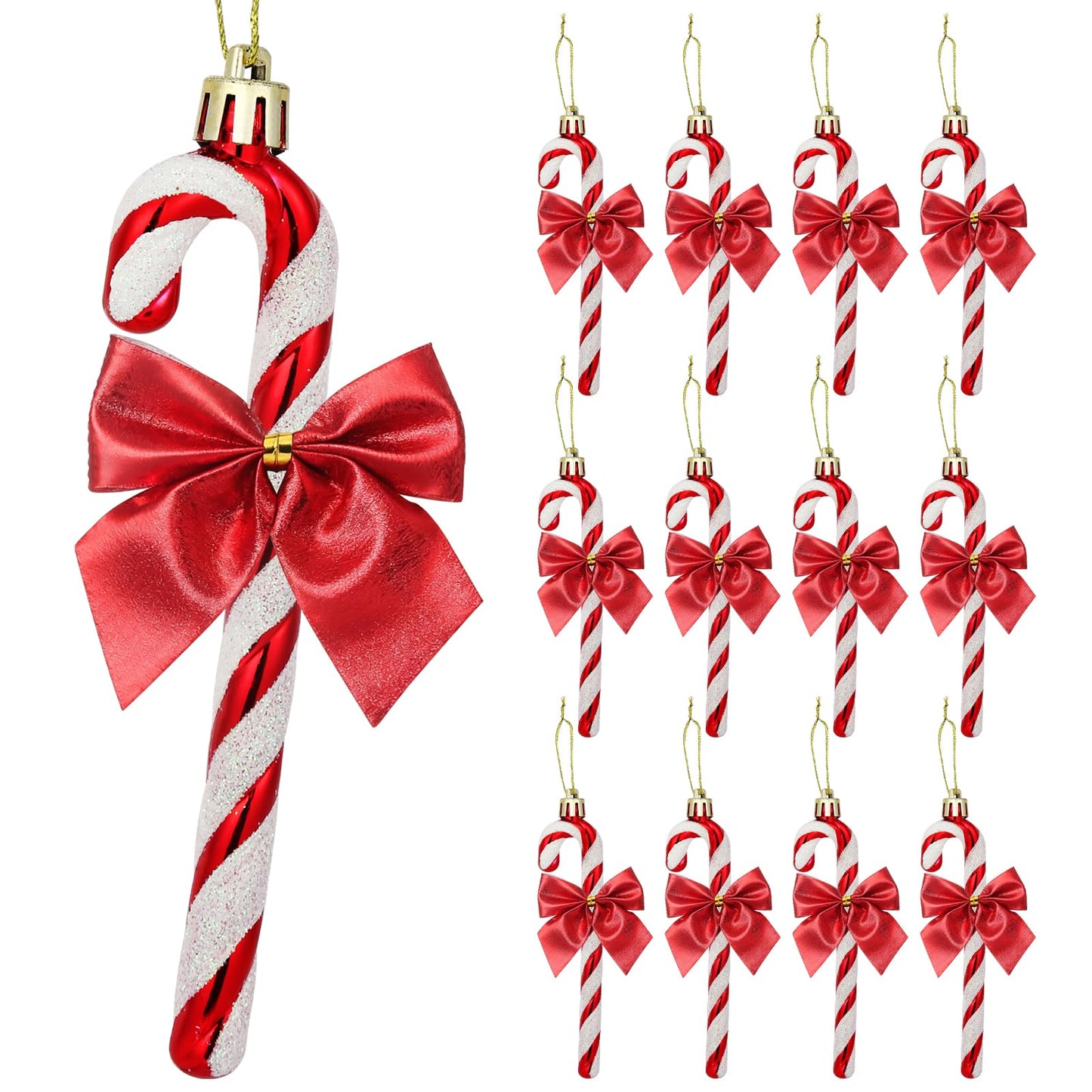 FYFLED Candy Cane Christmas Tree Decorations - 12 Pcs Candy Cane Ornaments for Tree, Glitter Candy Cane Bows for Xmas Tree Hanging Ornament Festival Party Home Decor, Red