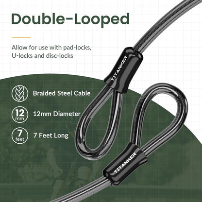 Titanker Bike Lock Cable,12mm Thick Security Cable with Loops Heavy Duty Steel Cable Vinyl Coated Bike Cable Lock Security Chain (4ft, 7ft, 15ft, 30ft)