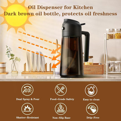 Oil Sprayer for Cooking, 16oz Glass Olive Oil Dispenser Bottle for Kitchen Gadgets, 2 in 1 Spray and Pour Dark Brown Bottle with Stickers for Air Fryer, Salad