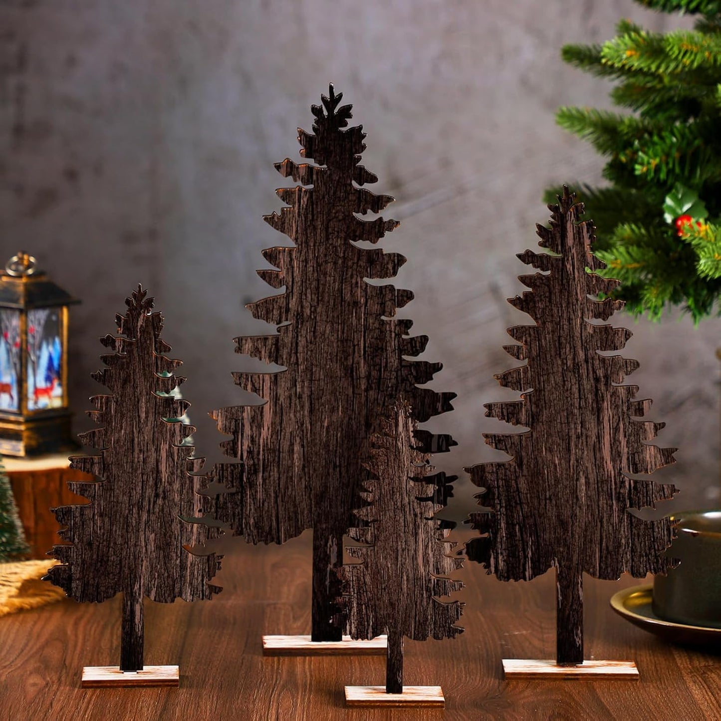 Barydat 4 Pcs Summer Christmas Table Decorations Wooden Christmas in July Pine Tree Reindeer Table Centerpiece Xmas Tabletop Sign Rustic Farmhouse Decor for Home Office Party Supplies Gifts(Pine Tree)