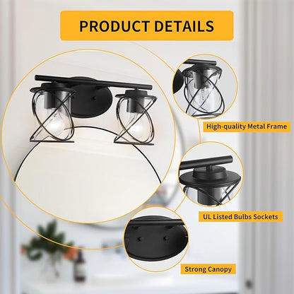 MavCadonF 2-Lights Vanity Lights, Matte Black Farmhouse Wall Lights with Clear Glass Shade, Over Mirror Vanity Light, Kitchen Bedroom Bathroom Wall Lamp