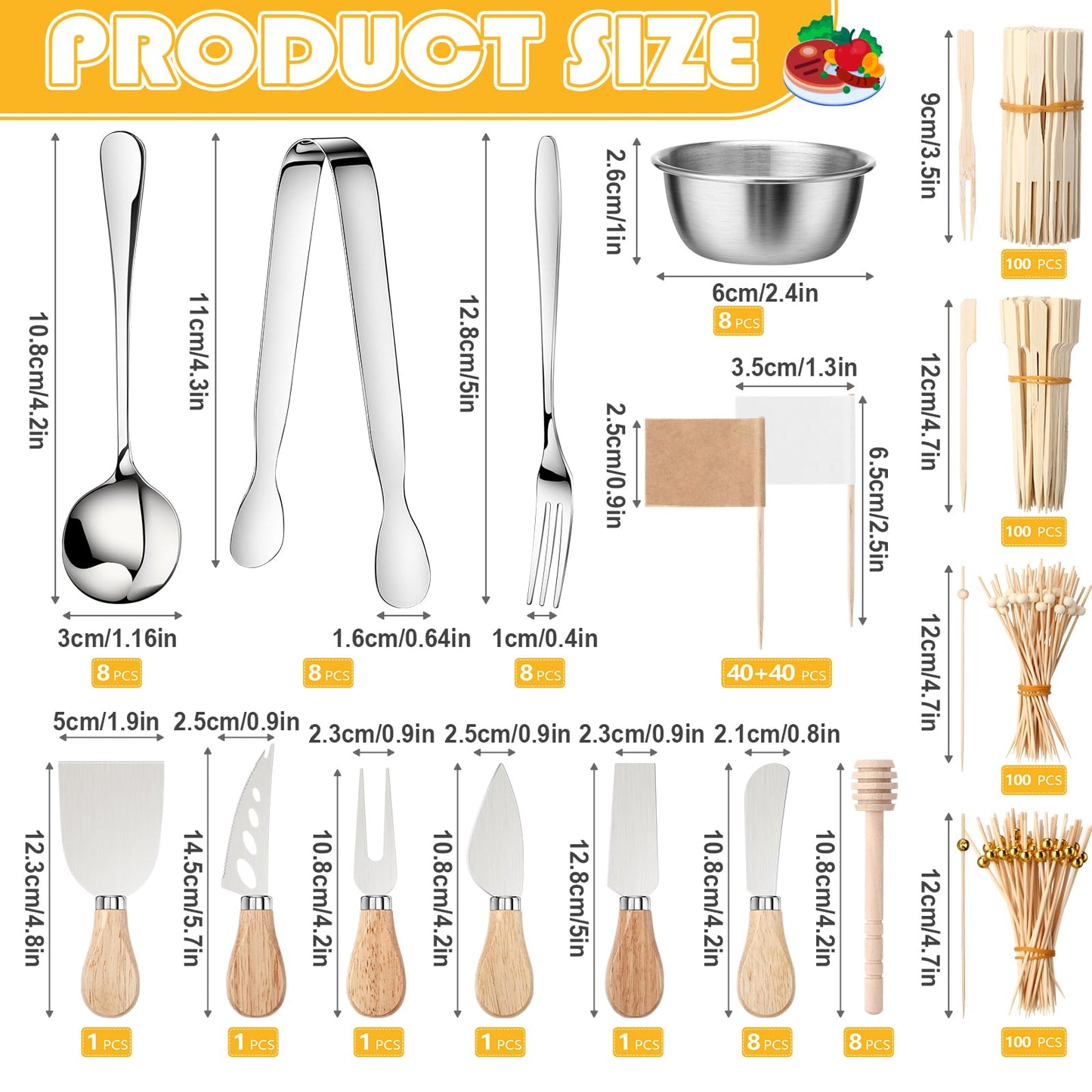Widecook 530 Pcs Charcuterie Board Accessories Cheese Butter Spreader Knife Set Butcher Paper Roll Serving Tongs Forks Spoons Dipping Bowls Dippers Cocktail Picks for Party Wedding Christmas (Silver)