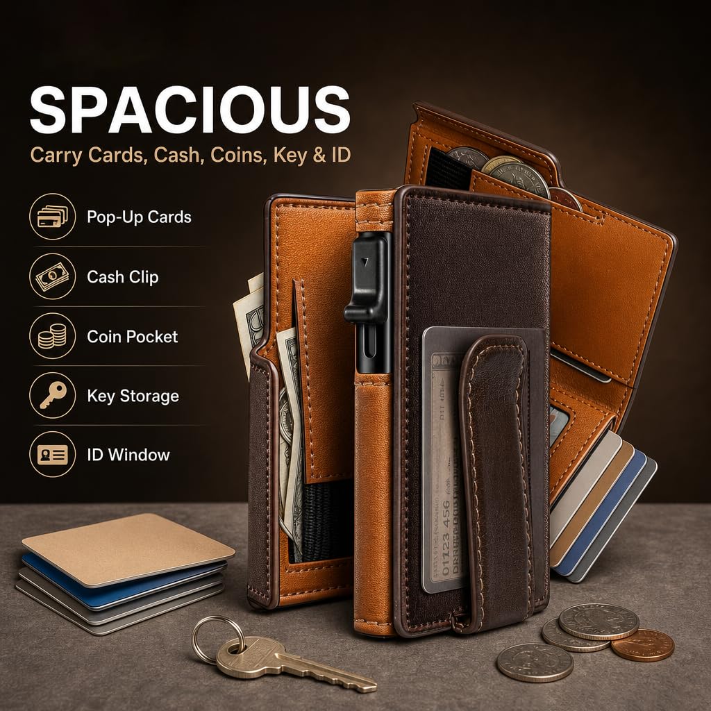 Plinvo Men's Slim Front Pocket Wallet with Integrated Money Clip & Coin Pocket, RFID Blocking & ID Window (Brown)