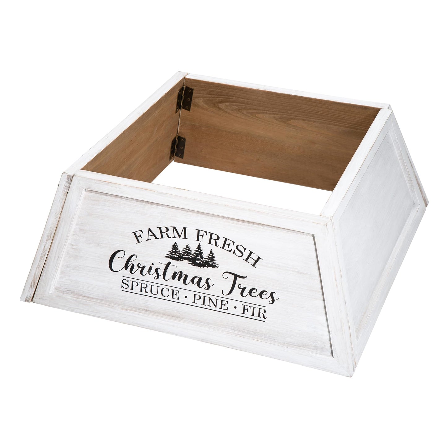 Glitzhome 26 inch Wooden Trapezoid Christmas Tree Collar, Washed White Farmhouse Stand Cover for 9ft Holiday Decor, Rustic Ring for Artificial or Real Trees, Easy Assembly & Storage