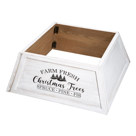 Glitzhome 26 inch Wooden Trapezoid Christmas Tree Collar, Washed White Farmhouse Stand Cover for 9ft Holiday Decor, Rustic Ring for Artificial or Real Trees, Easy Assembly & Storage