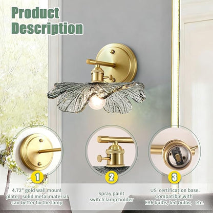 Modern Bathroom Vanity Light Vintage Wall Sconce Hand Blown 1-Light Wall lamp Indoor Wall Light with Dark Green Glass Shade Gold Vanity Light Over Mirror for Bedroom Hallway Living Room