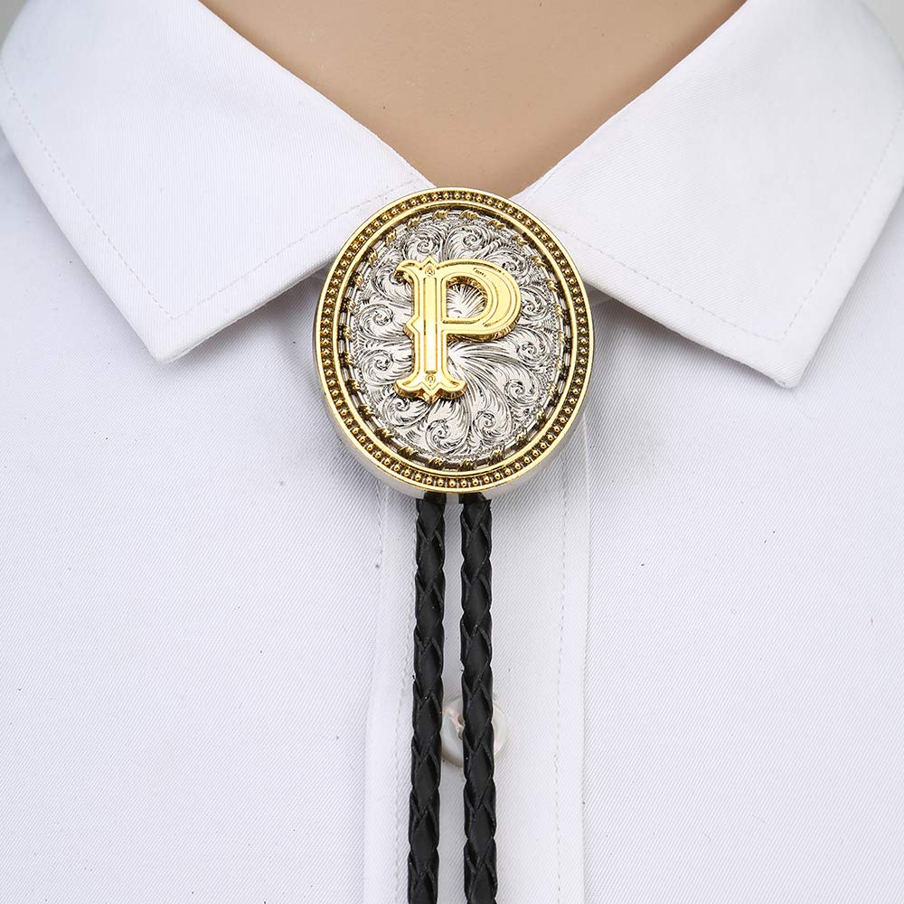 HOEACXY Initial Bolo Tie for Men Leather Cowboy Necktie Letter P Name Bola Accessories Personalized Gift for Him